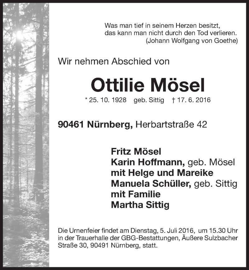  Traueranzeige für Ottilie Mösel vom 02.07.2016 aus Gesamtausgabe Nürnberger Nachrichten/ Nürnberger Ztg.