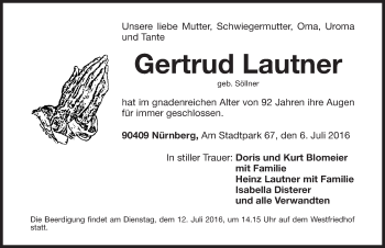 Traueranzeige von Gertrud Lautner von Gesamtausgabe Nürnberger Nachrichten / Nürnberger Ztg.