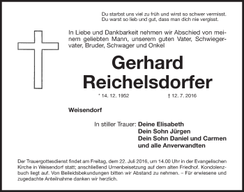 Traueranzeige von Gerhard Reichelsdorfer von Nordbayerische Nachrichten Herzogenaurach Lokal