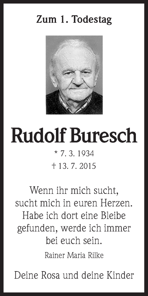  Traueranzeige für Rudolf Buresch vom 13.07.2016 aus Roth-Hilpoltsteiner Volkszeitung Lokal