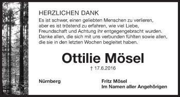 Traueranzeige von Ottilie Mösel von Gesamtausgabe Nürnberger Nachrichten/ Nürnberger Ztg.
