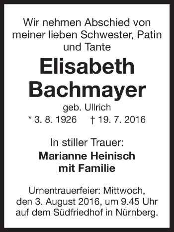 Traueranzeige von Elisabeth Bachmayer von Gesamtausgabe Nürnberger Nachrichten/ Nürnberger Ztg.