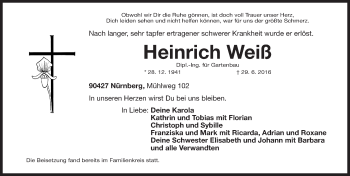 Traueranzeige von Heinrich Weiß von Gesamtausgabe Nürnberger Nachrichten/ Nürnberger Ztg.