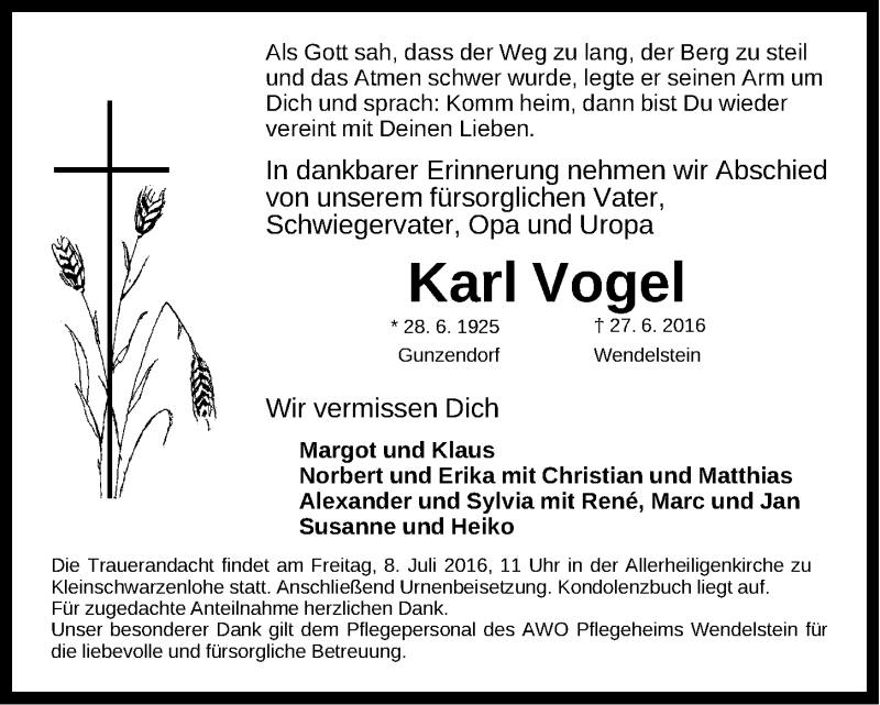  Traueranzeige für Karl Vogel vom 06.07.2016 aus Gesamtausgabe Nürnberger Nachrichten/ Nürnberger Ztg.