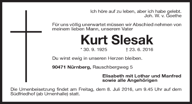  Traueranzeige für Kurt Slesak vom 02.07.2016 aus Gesamtausgabe Nürnberger Nachrichten/ Nürnberger Ztg.