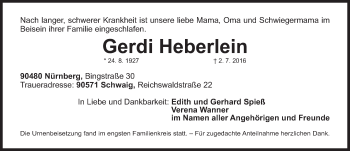 Traueranzeige von Gerdi Heberlein von Gesamtausgabe Nürnberger Nachrichten/ Nürnberger Ztg.