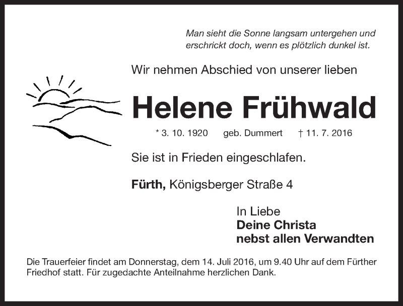  Traueranzeige für Helene Frühwald vom 13.07.2016 aus Fürther Nachrichten Lokal