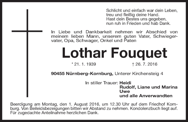  Traueranzeige für Lothar Fouquet vom 29.07.2016 aus Gesamtausgabe Nürnberger Nachrichten/ Nürnberger Ztg.