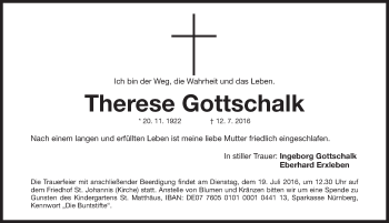 Traueranzeige von Therese Gottschalk von Gesamtausgabe Nürnberger Nachrichten/ Nürnberger Ztg.