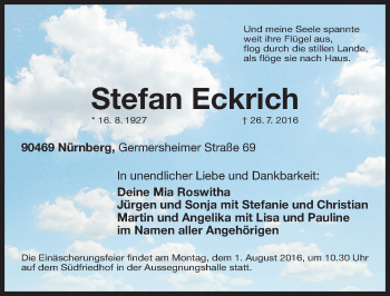 Traueranzeige von Stefan Eckrich von Gesamtausgabe Nürnberger Nachrichten/ Nürnberger Ztg.