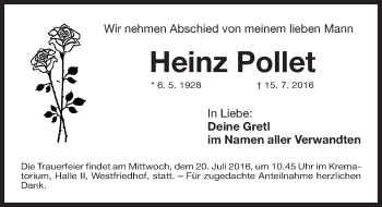 Traueranzeige von Heinz Pollet von Gesamtausgabe Nürnberger Nachrichten/ Nürnberger Ztg.