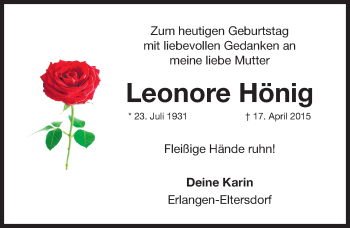 Traueranzeige von Leonore Hönig von Erlanger Nachrichten Lokal
