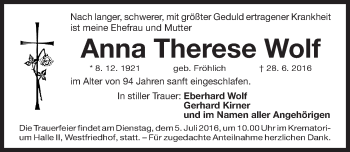 Traueranzeige von Anna Therese Wolf von Gesamtausgabe Nürnberger Nachrichten/ Nürnberger Ztg.