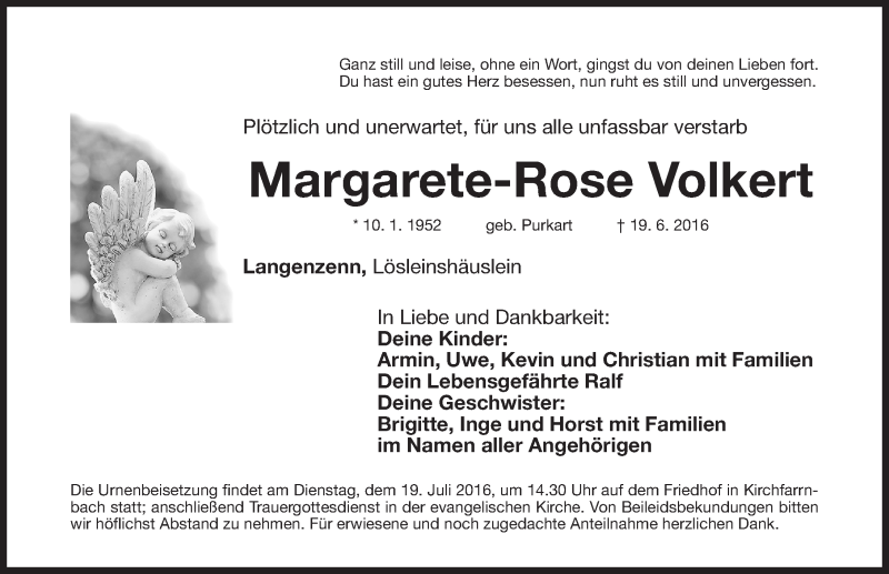  Traueranzeige für Margarete-Rose Volkert vom 15.07.2016 aus Fürther Nachrichten Lokal