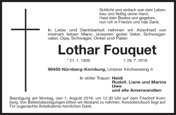 Traueranzeige von Lothar Fouquet von Gesamtausgabe Nürnberger Nachrichten/ Nürnberger Ztg.