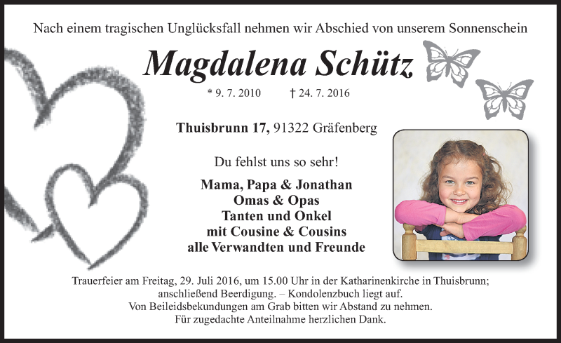  Traueranzeige für Magdalena Schütz vom 28.07.2016 aus Nordbayerische Nachrichten Forchheim Lokal