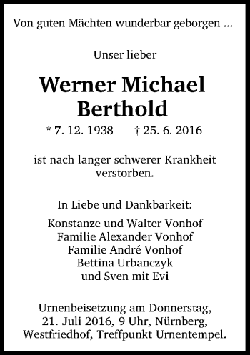 Traueranzeige von Werner Michael Berthold von Gesamtausgabe Nürnberger Nachrichten/ Nürnberger Ztg.