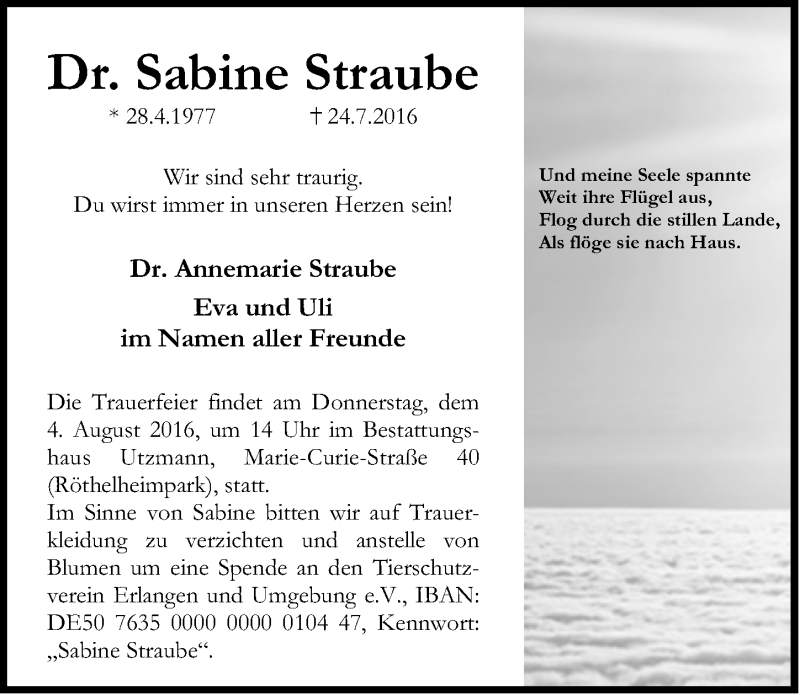  Traueranzeige für Sabine Straube vom 01.08.2016 aus Erlanger Nachrichten Lokal