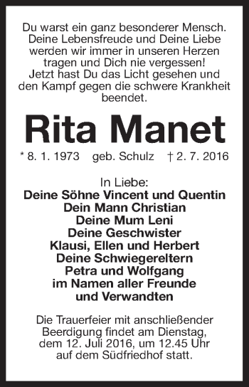 Traueranzeige von Rita Manet von Gesamtausgabe Nürnberger Nachrichten/ Nürnberger Ztg.