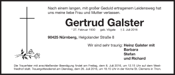 Traueranzeige von Gertrud Galster von Gesamtausgabe Nürnberger Nachrichten/ Nürnberger Ztg.