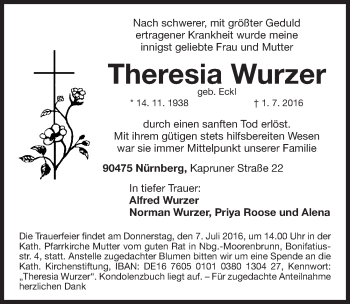 Traueranzeige von Theresia Wurzer von Gesamtausgabe Nürnberger Nachrichten/ Nürnberger Ztg.