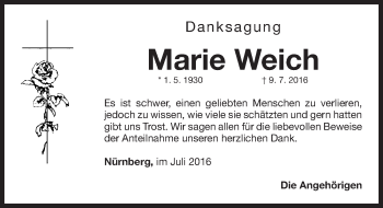 Traueranzeige von Marie Weich von Gesamtausgabe Nürnberger Nachrichten/ Nürnberger Ztg.