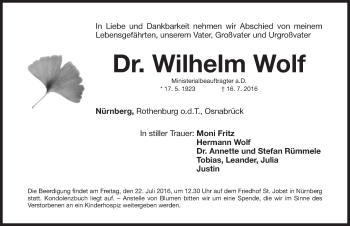 Traueranzeige von Wilhelm Wolf von Gesamtausgabe Nürnberger Nachrichten/ Nürnberger Ztg.
