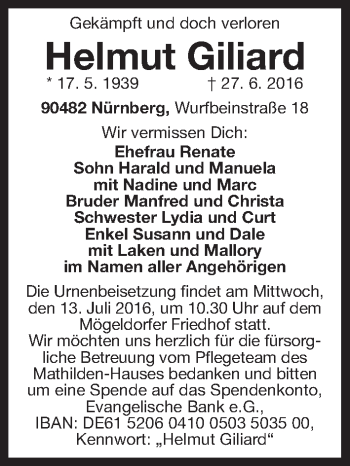 Traueranzeige von Helmut Giliard von Gesamtausgabe Nürnberger Nachrichten/ Nürnberger Ztg.