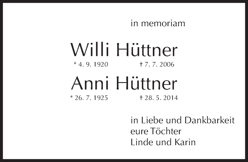  Traueranzeige für Willi Hüttner vom 07.07.2016 aus Erlanger Nachrichten Lokal