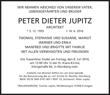Traueranzeige von Peter Dieter Jupitz von Gesamtausgabe Nürnberger Nachrichten/ Nürnberger Ztg.