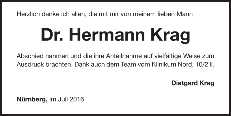  Traueranzeige für Hermann Krag vom 02.07.2016 aus Gesamtausgabe Nürnberger Nachrichten/ Nürnberger Ztg.