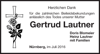 Traueranzeige von Gertrud Lautner von Gesamtausgabe Nürnberger Nachrichten/ Nürnberger Ztg.