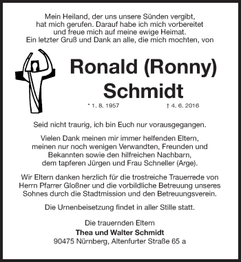 Traueranzeige von Ronald Schmidt von Gesamtausgabe Nürnberger Nachrichten/ Nürnberger Ztg.