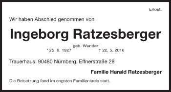 Traueranzeige von Ingeborg Ratzesberger von Gesamtausgabe Nürnberger Nachrichten/ Nürnberger Ztg.