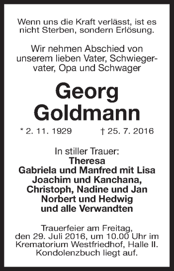 Traueranzeige von Georg Goldmann von Gesamtausgabe Nürnberger Nachrichten/ Nürnberger Ztg.
