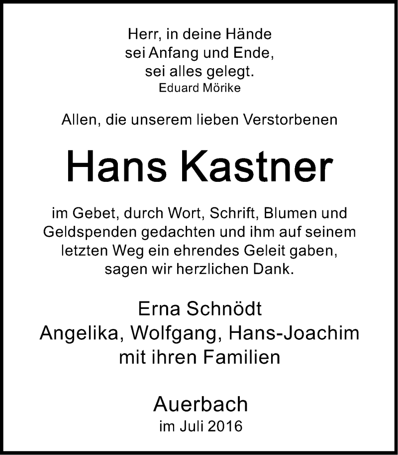  Traueranzeige für Hans Kastner vom 09.07.2016 aus Nordbayerische Nachrichten Pegnitz Lokal