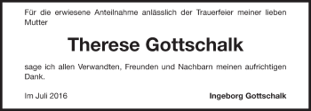 Traueranzeige von Therese Gottschalk von Gesamtausgabe Nürnberger Nachrichten/ Nürnberger Ztg.