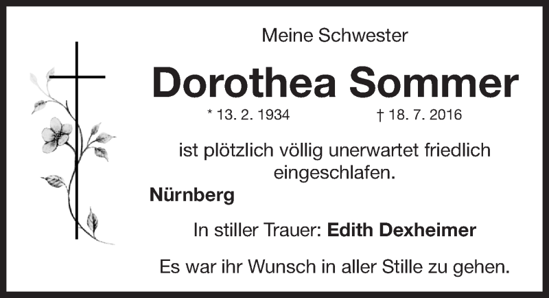  Traueranzeige für Dorothea Sommer vom 21.07.2016 aus Gesamtausgabe Nürnberger Nachrichten/ Nürnberger Ztg.