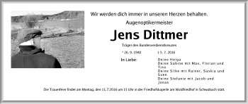 Traueranzeige von Jens Dittmer von Gesamtausgabe Nürnberger Nachrichten/ Nürnberger Ztg.