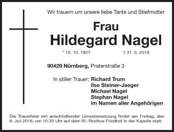 Traueranzeige von Hildegard Nagel von Gesamtausgabe Nürnberger Nachrichten/ Nürnberger Ztg.