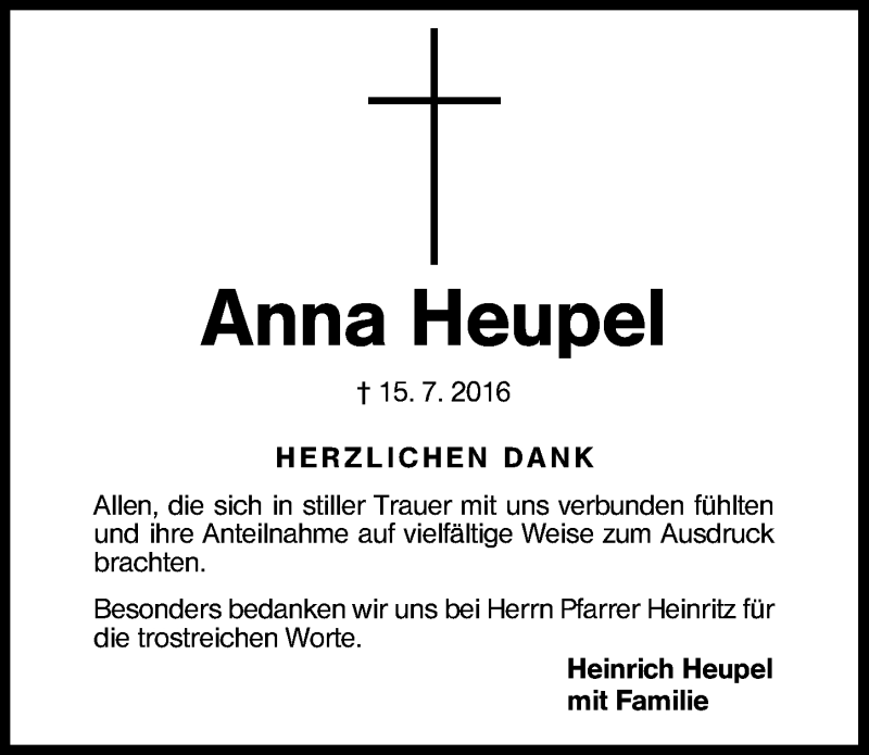  Traueranzeige für Anna Heupel vom 30.07.2016 aus Schwabach