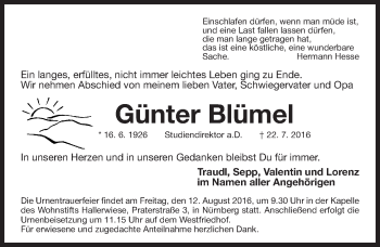 Traueranzeige von Günter Blümel von Gesamtausgabe Nürnberger Nachrichten/ Nürnberger Ztg.