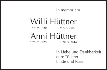 Traueranzeige von Willi Hüttner von Erlanger Nachrichten Lokal