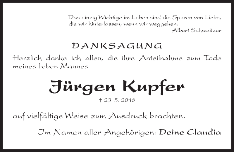  Traueranzeige für Jürgen Kupfer vom 09.07.2016 aus Gesamtausgabe Nürnberger Nachrichten/ Nürnberger Ztg.