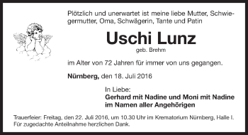 Traueranzeige von Uschi Lunz von Gesamtausgabe Nürnberger Nachrichten/ Nürnberger Ztg.