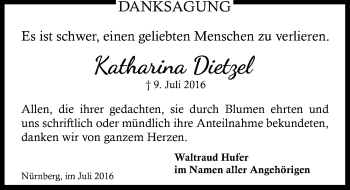 Traueranzeige von Katharina Dietzel von Gesamtausgabe Nürnberger Nachrichten/ Nürnberger Ztg.