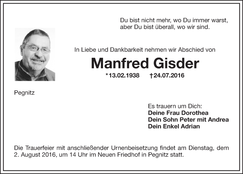  Traueranzeige für Manfred Gisder vom 30.07.2016 aus Nordbayerische Nachrichten Pegnitz Lokal