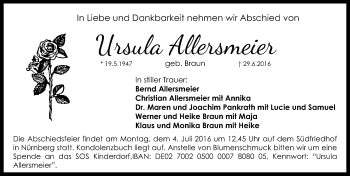 Traueranzeige von Ursula Allersmeier von Gesamtausgabe Nürnberger Nachrichten/ Nürnberger Ztg.