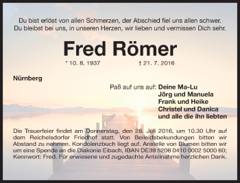 Traueranzeige von Fred Römer von Gesamtausgabe Nürnberger Nachrichten/ Nürnberger Ztg.