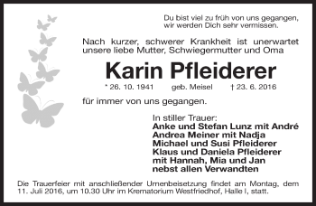 Traueranzeige von Karin Pfleiderer von Gesamtausgabe Nürnberger Nachrichten/ Nürnberger Ztg.